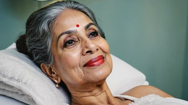 An elderly indian woman with silver hair and red bindi relaxes on a pillow smiling softly in ambient light. Concept of graceful aging and compassionate healthcare comfort.