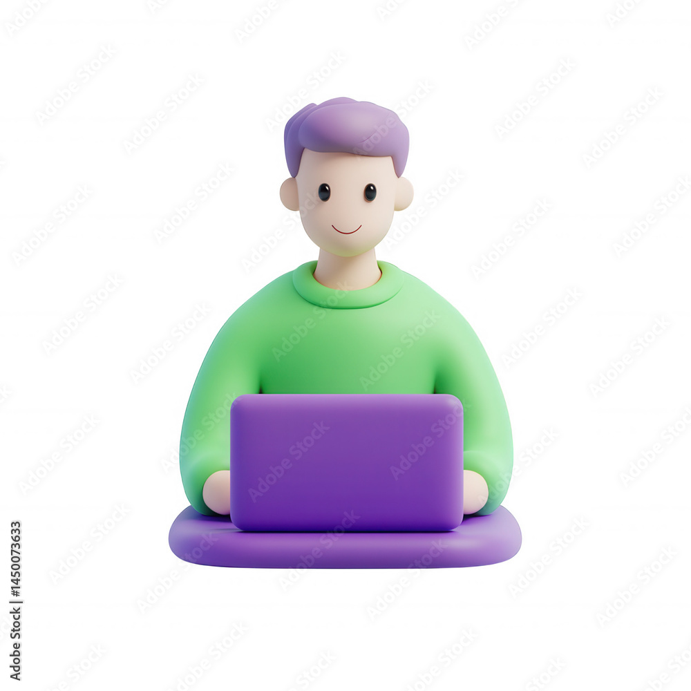 Poster transparent icon of student or worker user studying using laptop, isolated on 3d background