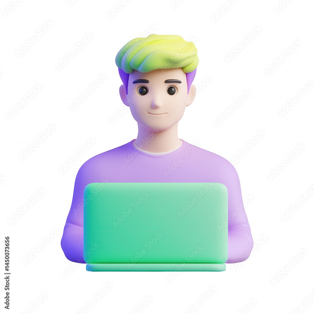 Poster transparent icon of student or 3d user studying using laptop, isolated on worker background