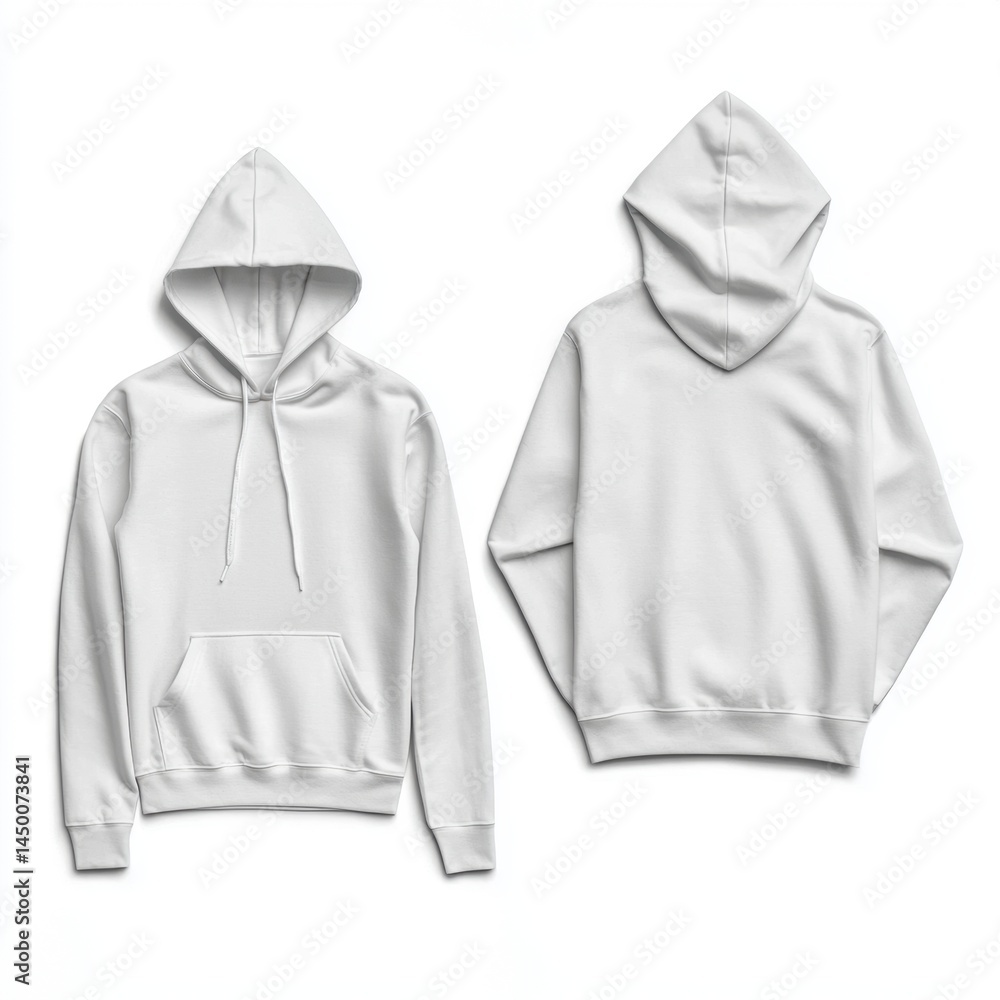 Poster white hoodie on a neutral background showcasing the front and back views of a comfortable apparel pi