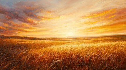 Fototapeta premium Vibrant sunset over golden fields with dramatic clouds and warm hues illuminating the landscape