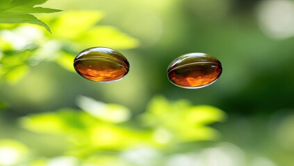Two amber capsules, suspended in air, against a backdrop of vibrant green foliage.  Clear, round,  and  smooth, each capsule reflects the surrounding light. Natural, healthy,  floating