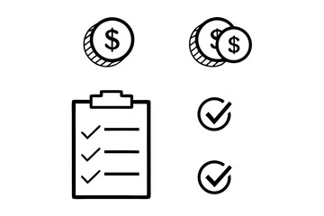 Financial checklist with dollar coins, money management, checklist and finance, budgeting, wealth planning, line art icon set