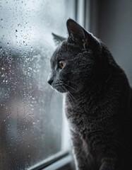 Russian Blue Looking Out Rainy Window