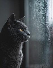 Russian Blue Looking Out Rainy Window