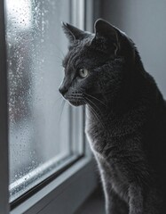 Russian Blue Looking Out Rainy Window