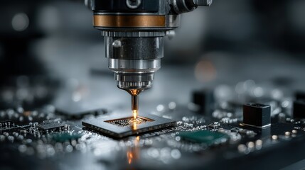 High-tech machine precisely cutting a material piece with advanced technology in a modern industrial setting