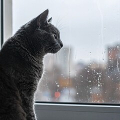 Russian Blue Looking Out Rainy Window