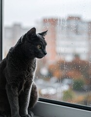 Russian Blue Looking Out Rainy Window