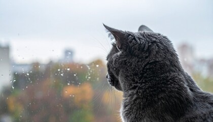 Russian Blue Looking Out Rainy Window