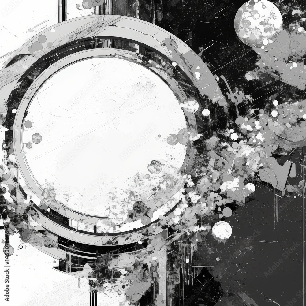 Poster abstract digital art in grayscale with a prominent circular element