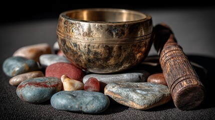 Bronze singing bowl on stones