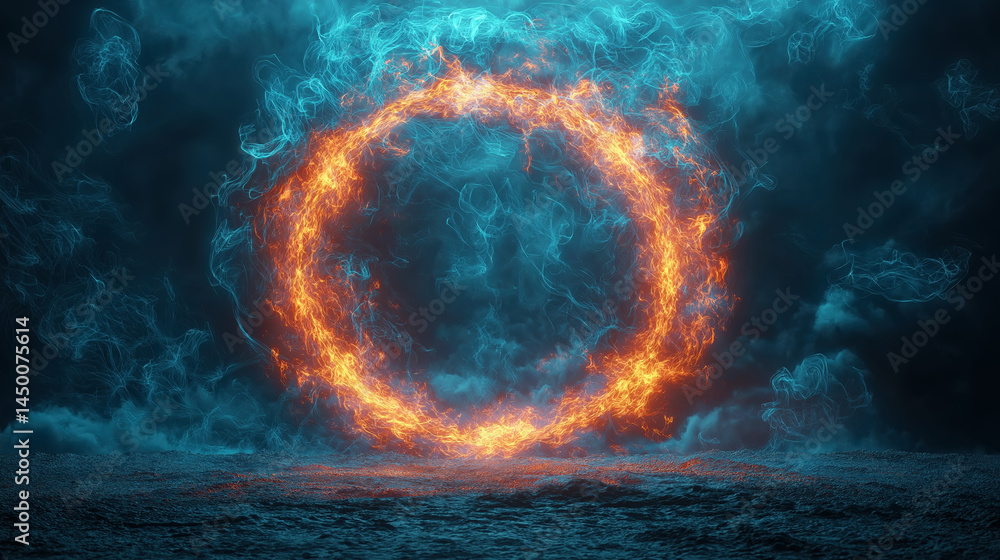 Poster fire and water create a mesmerizing circular portal in the dark