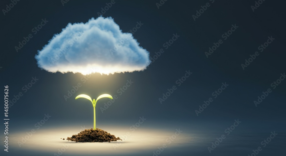 Aufkleber cloud computing fostering growth: a seedling illuminated by a luminous cloud symbolizing innovation 