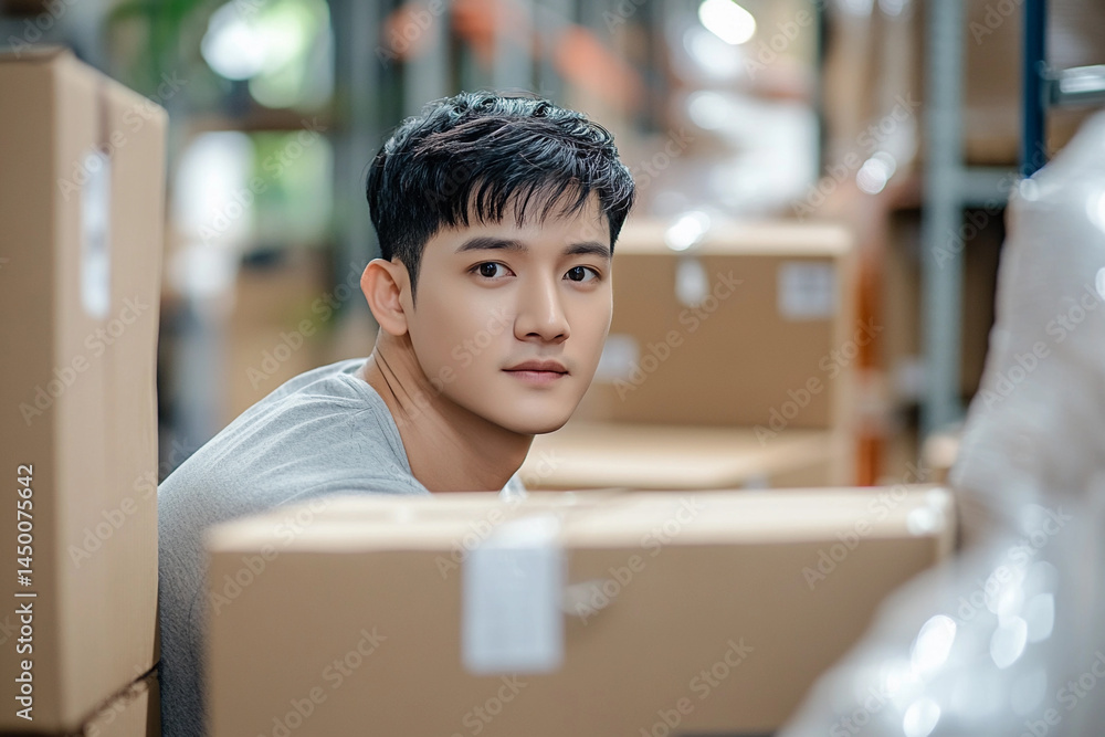 Poster logistics worker packs boxes in warehouse setting generative ai