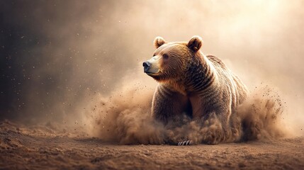 Brown bear in a dramatic dust cloud