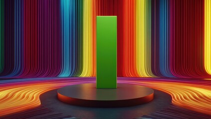 Vibrant green block on colorful, swirling backdrop.  Circular platform
