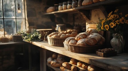 Rustic Bakery Shelves Displaying Freshly Baked Breads