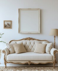 Elegant Vintage Sofa with Textured Cushions in Soft Neutral Tones Against a Minimalist Interior Background