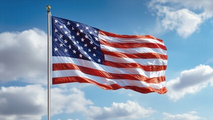 Naklejka premium American flag waving against a bright blue sky with fluffy white clouds.