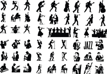 Jazz Musicians Silhouette Set | Saxophone, Trumpet, Drummer & More Jazz Band Silhouettes | Musician Vector Icons Collection