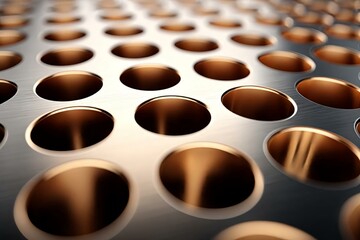 Close-up View of Metallic Surface with Circular Holes and Reflections