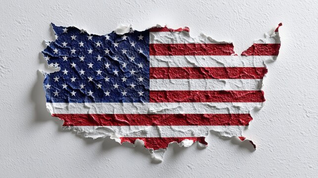 Ripped paper reveals USA shape with flag design on textured white background. - Powered by Adobe