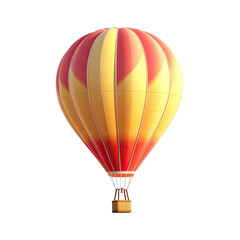 A hot air balloon, red and yellow, is shown in profile, with a basket at the bottom