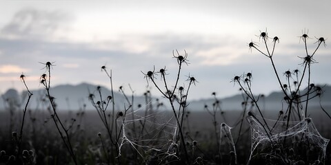 Ethereal landscape of silhouetted plants against a misty horizon at dawn