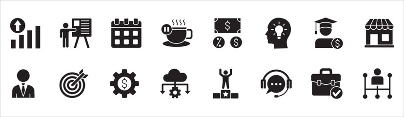 Business management flat icon set. Contains symbol of businessman, target, finance, success, data, customer service, work, money, store, shop, meeting, education, idea. Vector illustration