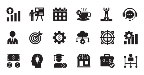 Business company flat icon set. Management icons. Contains symbol of finance, success, data, businessman, target, customer service, work, money, store, meeting, education, idea. Vector illustration