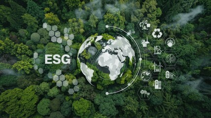 Environmental sustainability initiative overlaid on a forest landscape.