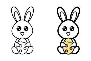 Obraz premium bunny holding a painted Easter egg with a colorful design, perfect for spring and holiday themed projects line art icon set.
