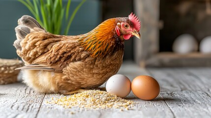 Brown hen with eggs and feed