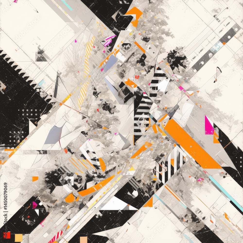 Poster abstract geometric explosion with gray cloud-like shapes over bright patterns