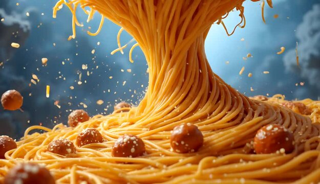 A pasta tornado with meatballs