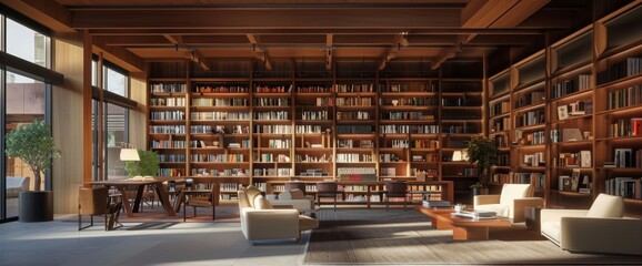 Library interior, modern office space, floor-to-ceiling bookshelves, wooden ceiling beams, warm lighting   