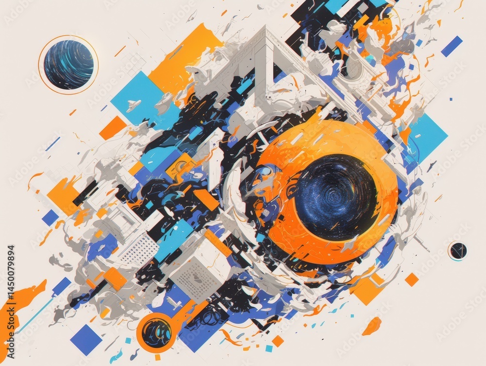 Poster abstract geometry blend vibrant circles, triangles, squares with dynamic splash