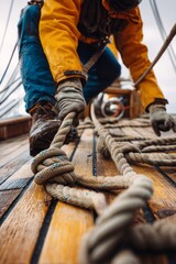A sailor's hands meticulously working a nautical rope on a wooden ship's deck.