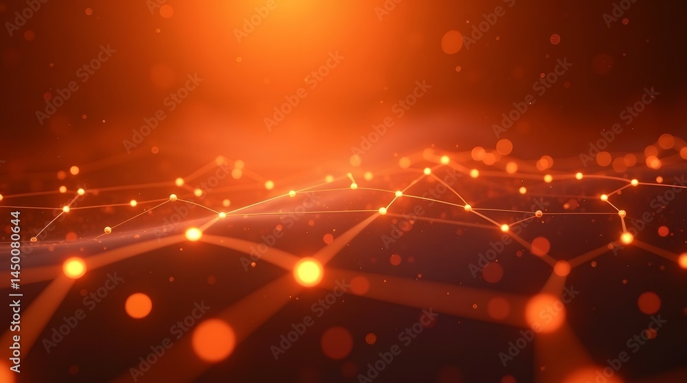 Poster abstract digital network with glowing nodes and lines in warm orange hues.