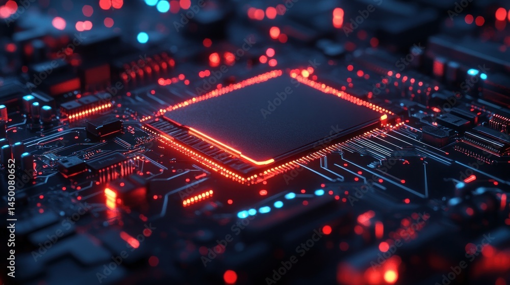 Poster abstract close-up of circuit board with glowing led lights and processor in blue and red colors
