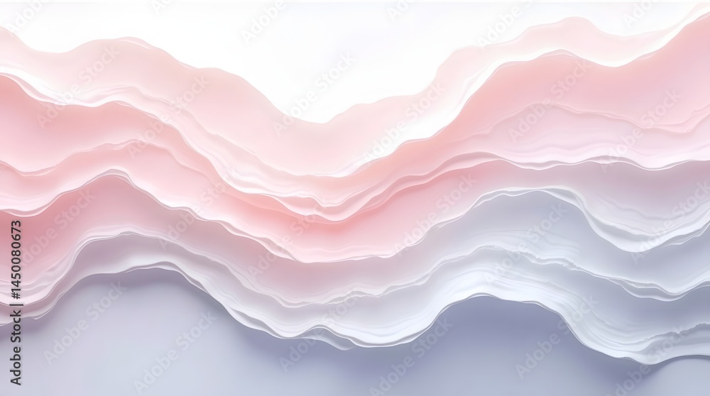 Poster an abstract composition of delicate, wavy layers in soft pink and white hues, creating a serene and 