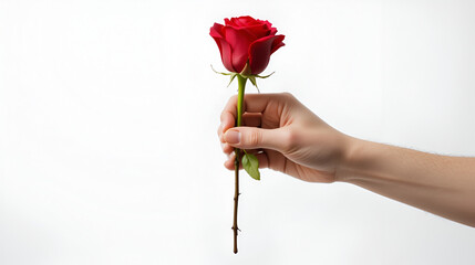 Hand holding red rose on isolated transparent background
