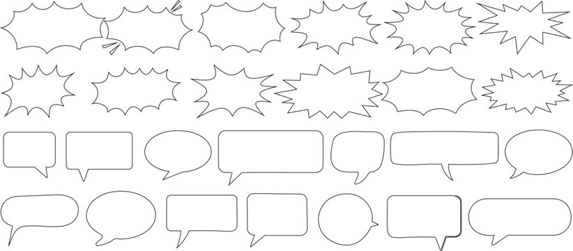 Comic speech bubble set, essential for pop art, retro comics, and cartoon design. Includes explosion shapes, talk balloon templates, and dialogue boxes for creative projects, stickers, and comics