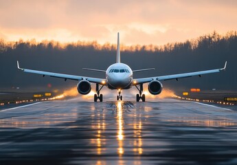 Airplane on Runway at Sunset with Glowing Lights Reflecting on Wet Surface in Calm Atmosphere