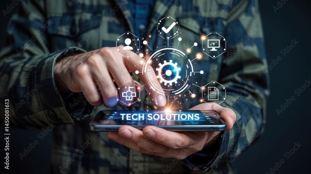 Poster person holding a phone displaying a technical solutions interface.