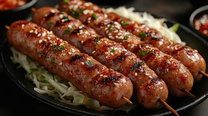 Grilled Skewers of Juicy Sausages Served on a Bed of Cabbage