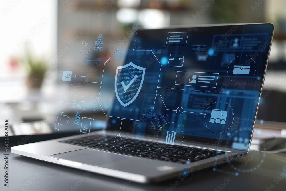 Poster modern laptop screen displaying digital security interface.