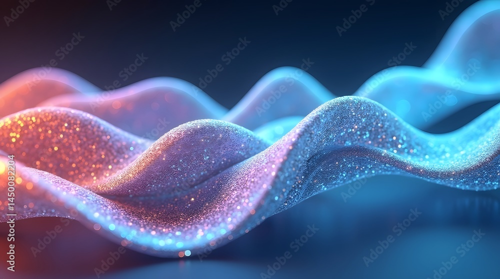 Poster abstract wave patterns with shimmering effects in blue and pink tones, creating a vibrant and dynami