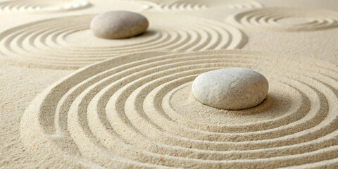 Circular ripples in fine sand with stacked stones create a serene zen atmosphere. Title: The Calm Beauty of Zen Sand and Stones